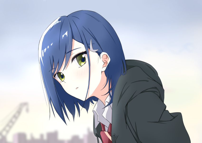 1girl, black_hoodie, blue_hair, blurry, blurry_background, bob_cut, cityscape, close-up