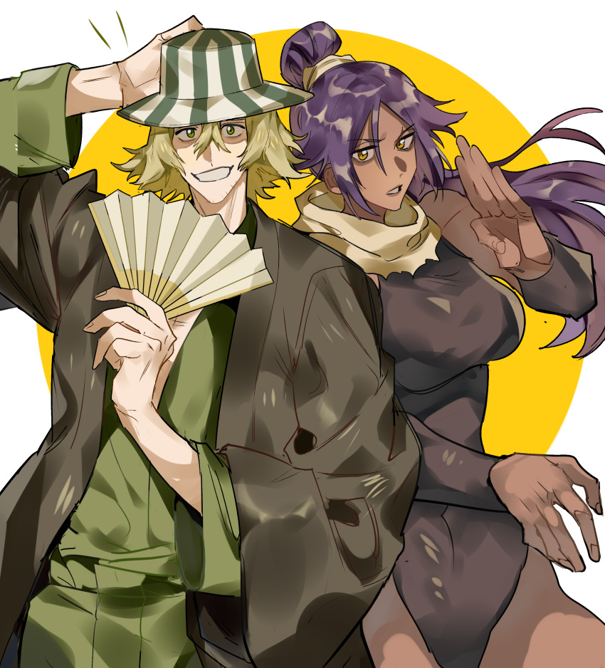 1boy, 1girl, absurdres, bare_legs, black_leotard, black_robe, bleach, blonde_hair