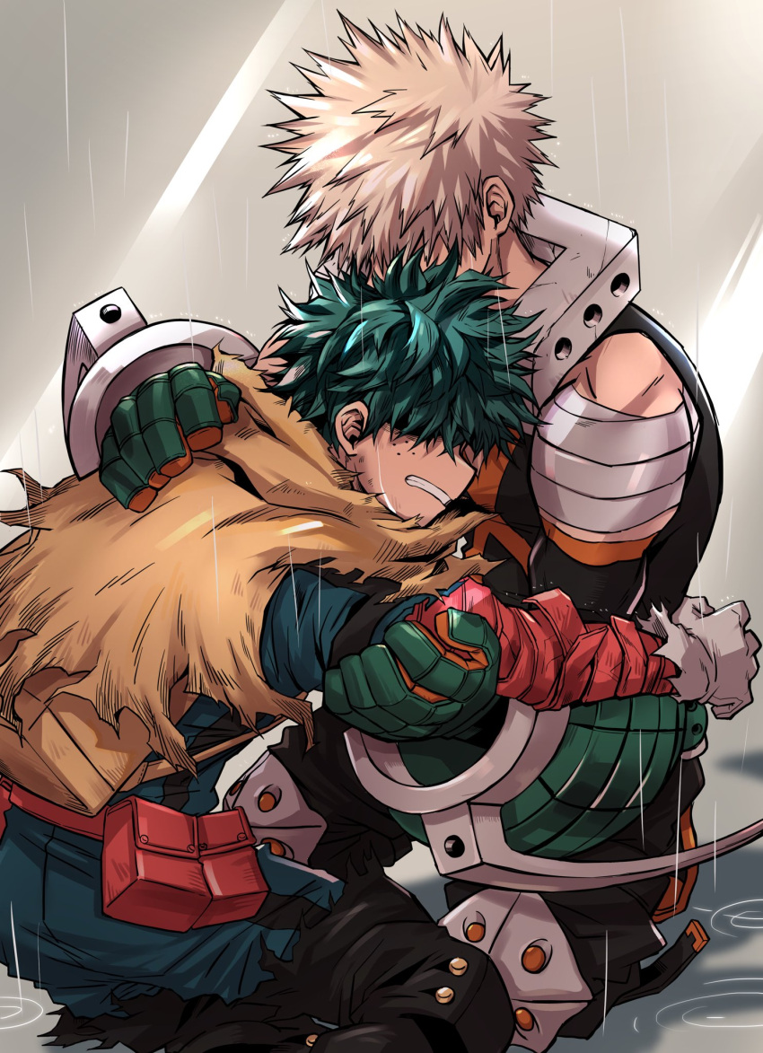 2boys, aqua_bodysuit, bakugou_katsuki, bandaged_arm, bandages, belt, belt_pouch, black_footwear