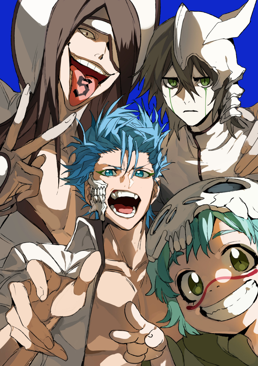 1girl, 3boys, absurdres, bleach, blue_background, blue_eyes, blue_hair, child