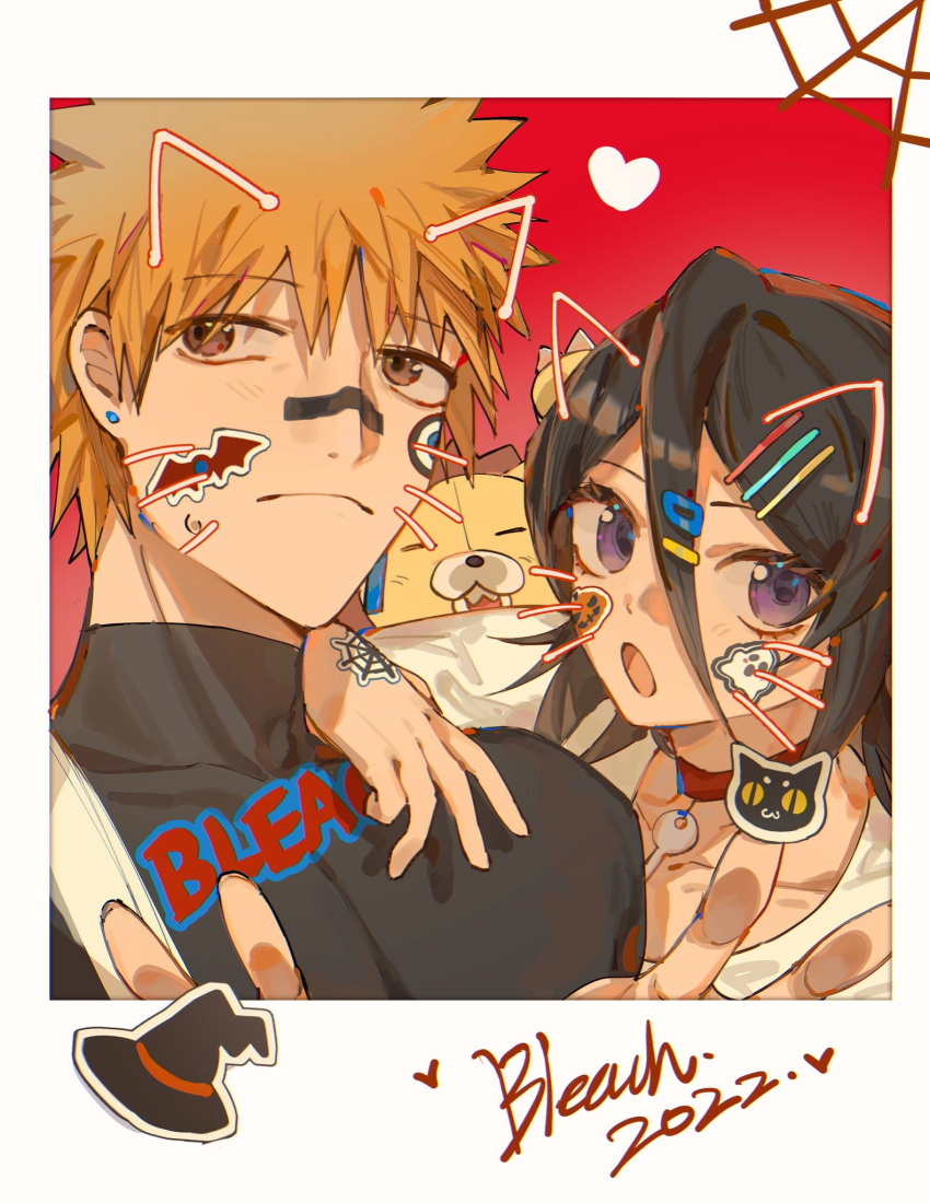1boy, 1girl, :o, animal_ears, black_hair, black_shirt, bleach, brown_eyes