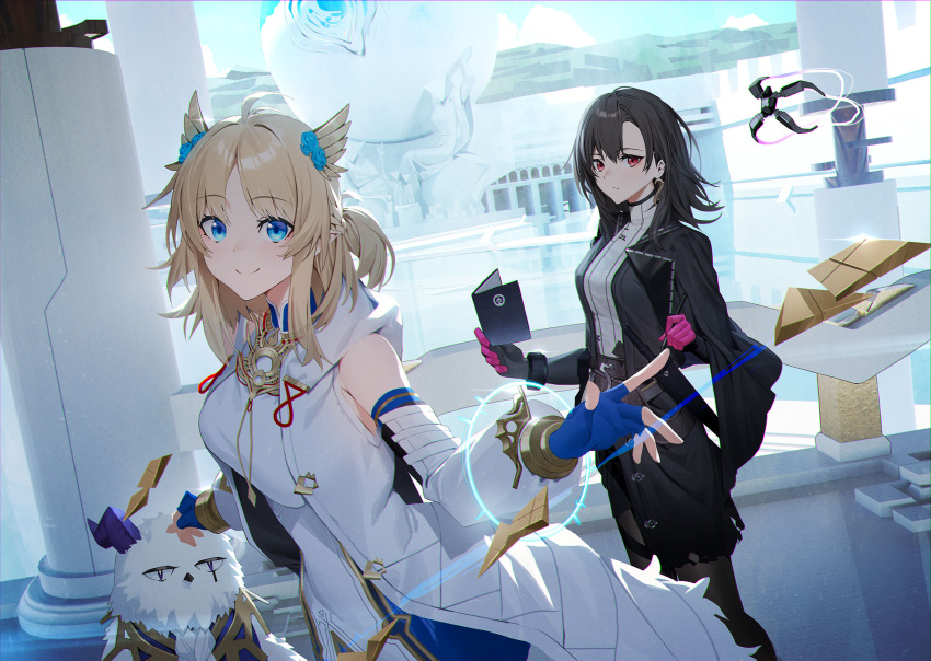 2girls, animal, bare_shoulders, black_gloves, black_hair, black_jacket, blonde_hair, blue_eyes