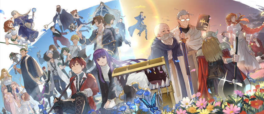 6+boys, 6+girls, absurdly_long_hair, adjusting_eyewear, ahoge, arm_behind_back, arm_up, arms_up