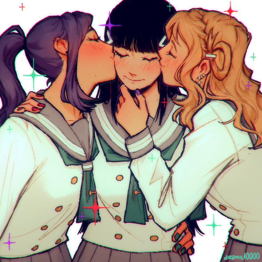 3girls, artist_name, black_hair, blonde_hair, blush, closed_eyes, closed_mouth, commentary_request