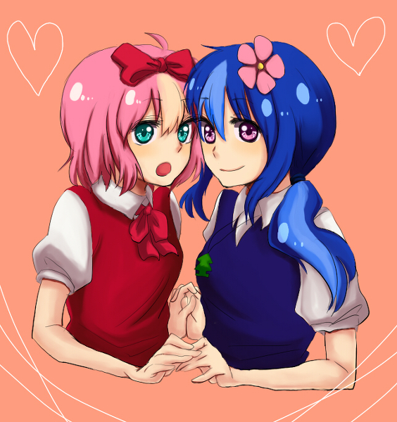 2girls, blue_hair, bow, giggles, green_eyes, hair_ornament, happy_tree_friends, heart