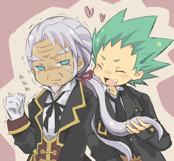 blazblue, blue_eyes, chako_444, green_hair, grey_hair, male, multiple_boys, ponytail