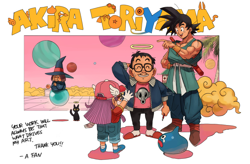 2boys, 2girls, absurdres, ankle_socks, arm_at_side, baba_(dragon_ball), baseball_cap, black-framed_eyewear