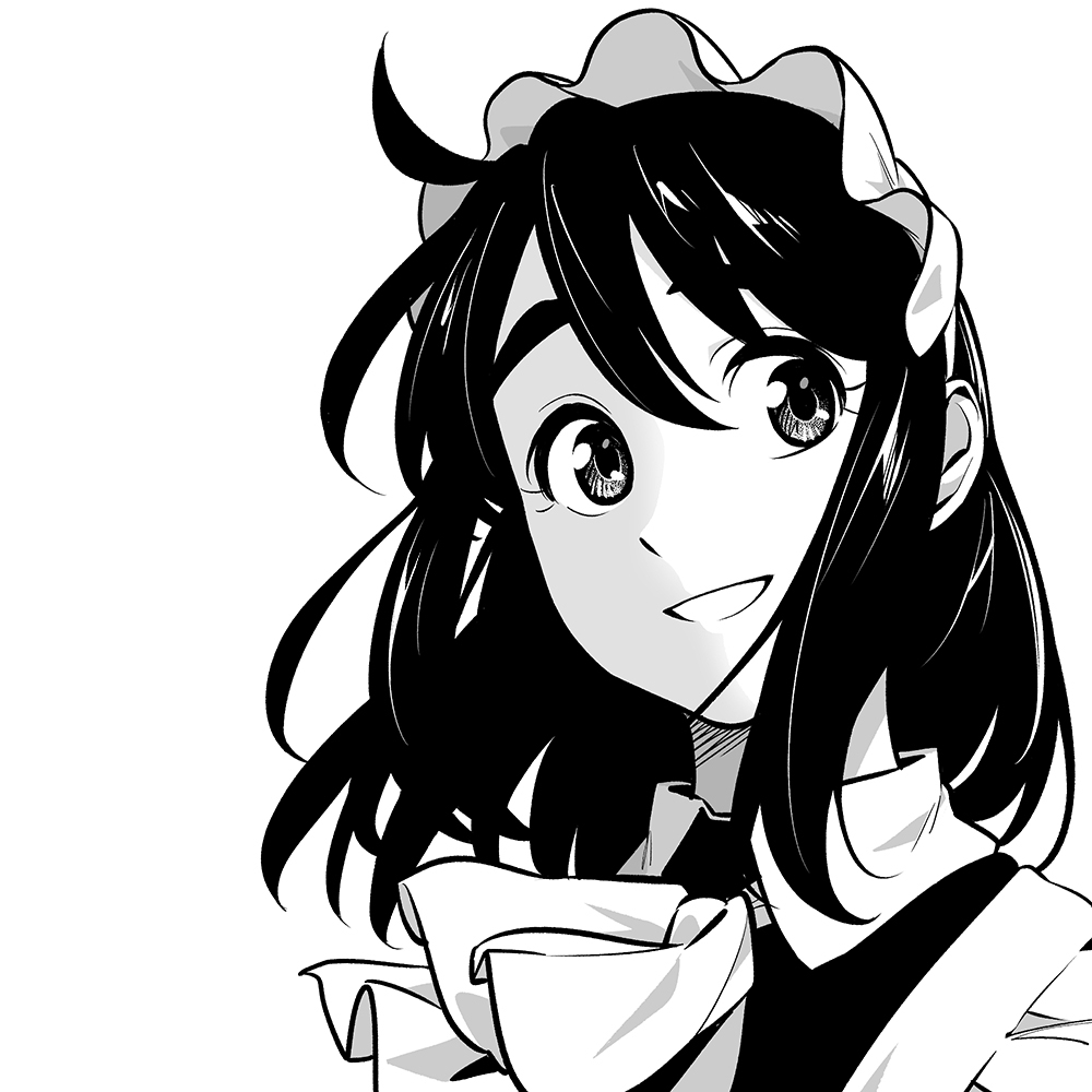 1girl, ahoge, benihana_(suzushiro333), black_hair, bow, hair_flowing_over, happy, looking_at_viewer