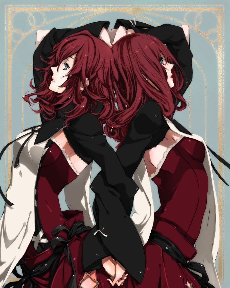 arched_back, back-to-back, devola, green_eyes, holding_hands, kmikan, multiple_girls, nier