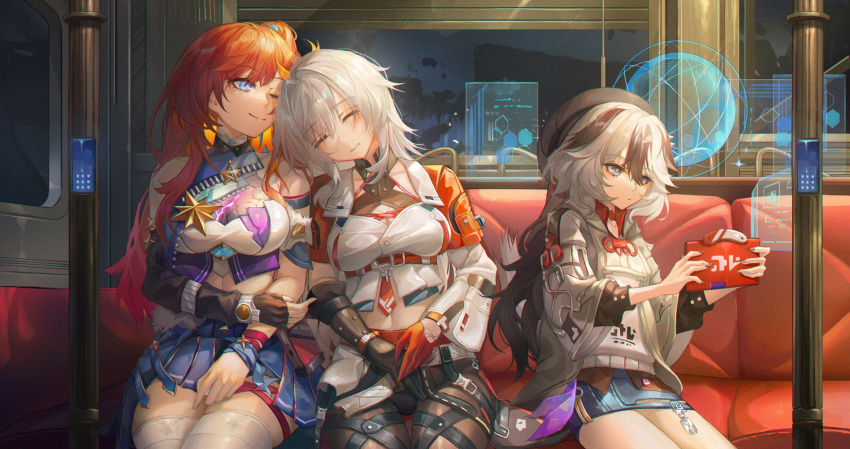 3girls, absurdres, bare_shoulders, blue_eyes, coralie_(honkai_impact), crop_top, detached_sleeves, fingerless_gloves
