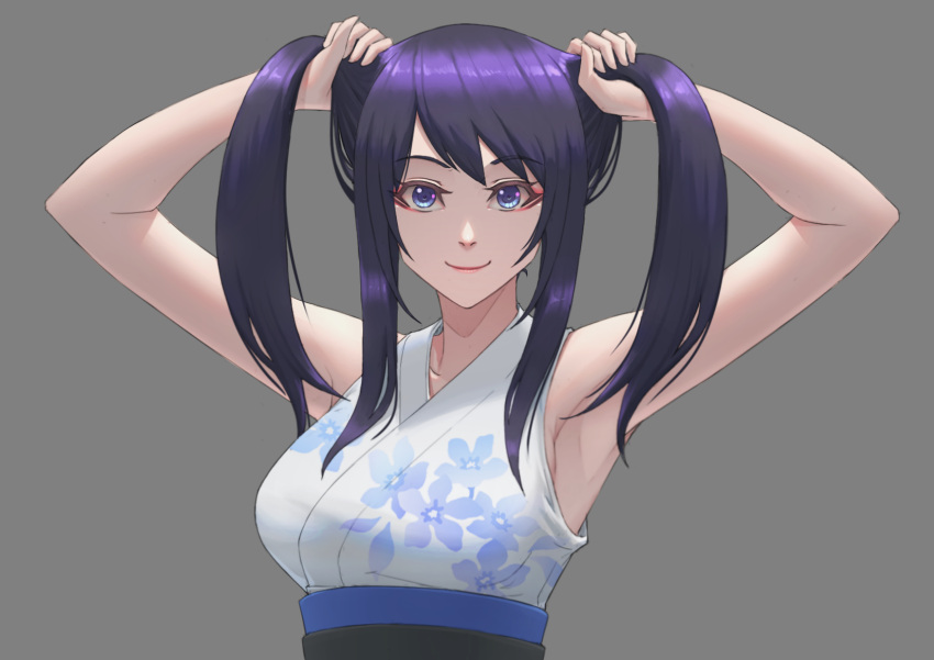 1girl, armpits, bare_shoulders, blue_eyes, blue_hair, commentary, english_commentary, floral_print_kimono