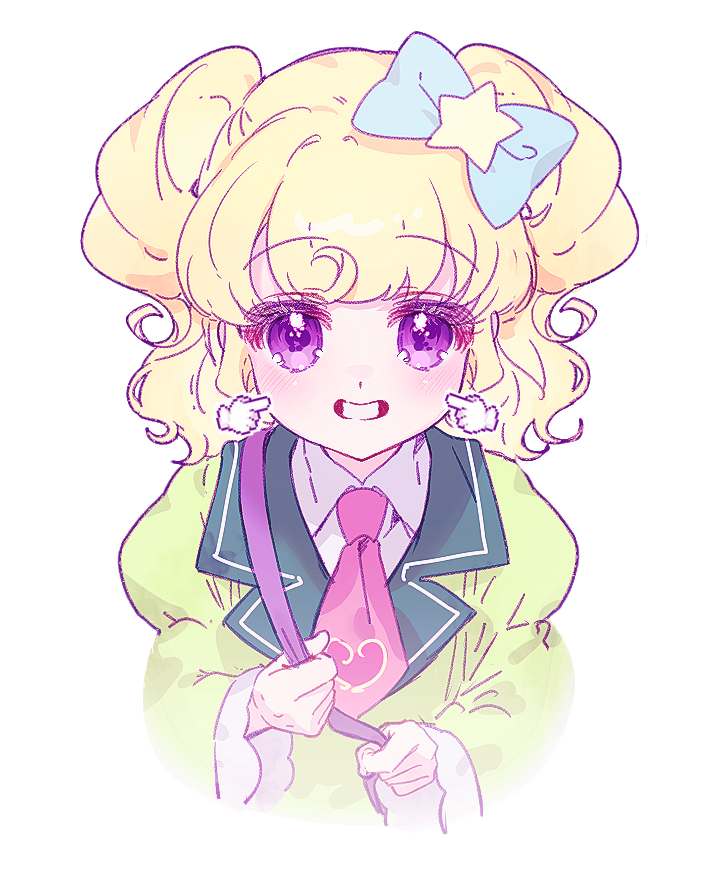 1girl, :d, avocado_academy_school_uniform, blonde_hair, blue_bow, blush, bow, cheek_poking