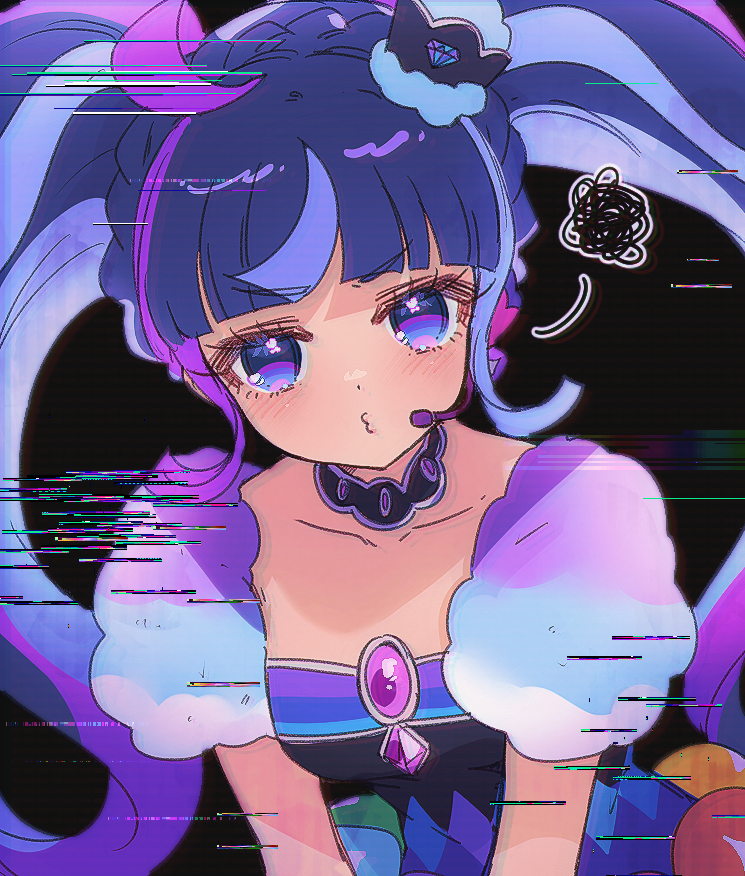 1girl, ahoge, black_background, blue_eyes, blue_hair, blunt_bangs, blush, commentary_request