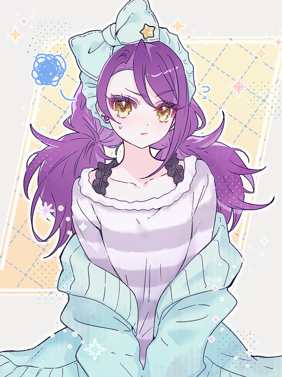 1girl, blue_cardigan, blue_hairband, bow_hairband, cardigan, closed_mouth, commentary_request, cowboy_shot