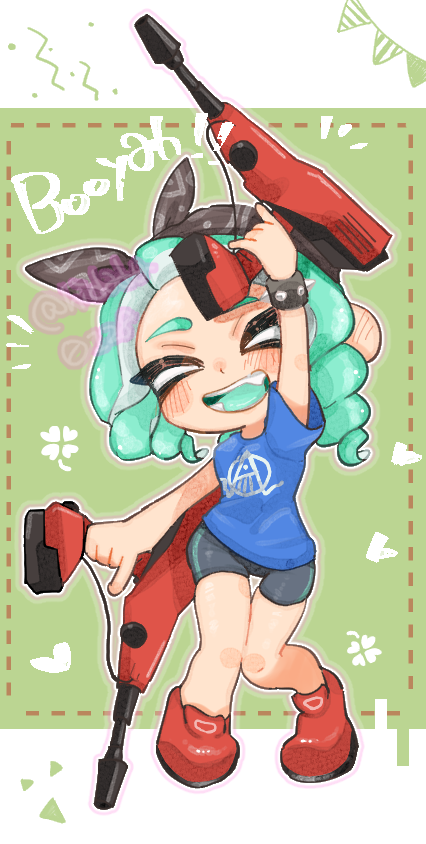 1girl, aqua_hair, bike_shorts, black_bow, blue_shirt, border, bow, bow_hairband