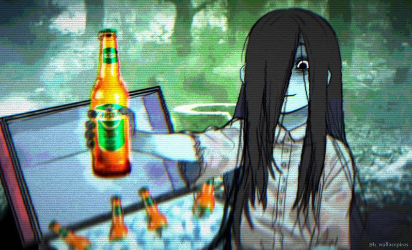 1girl, artist_name, beer_bottle, black_eyes, black_hair, cerveza_cristal, colored_skin, commentary