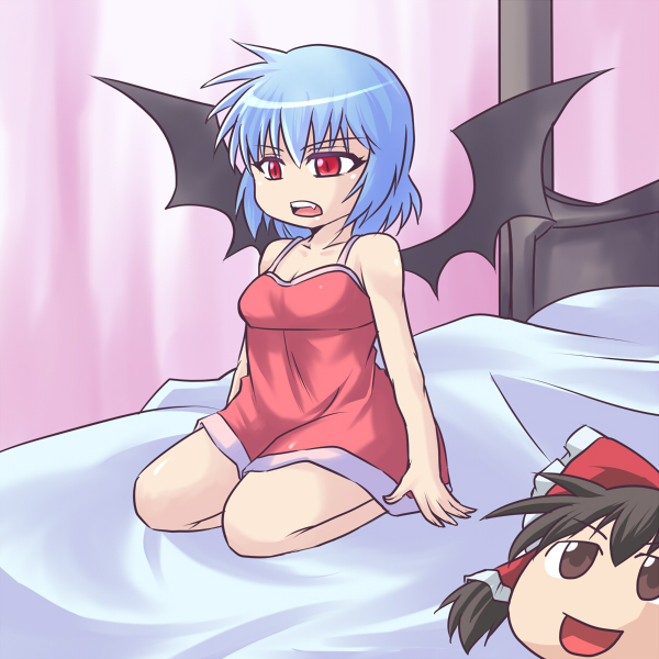 bat_wings, bed, blue_hair, fang, hakurei_reimu, koraku_gekki, red_eyes, remilia_scarlet