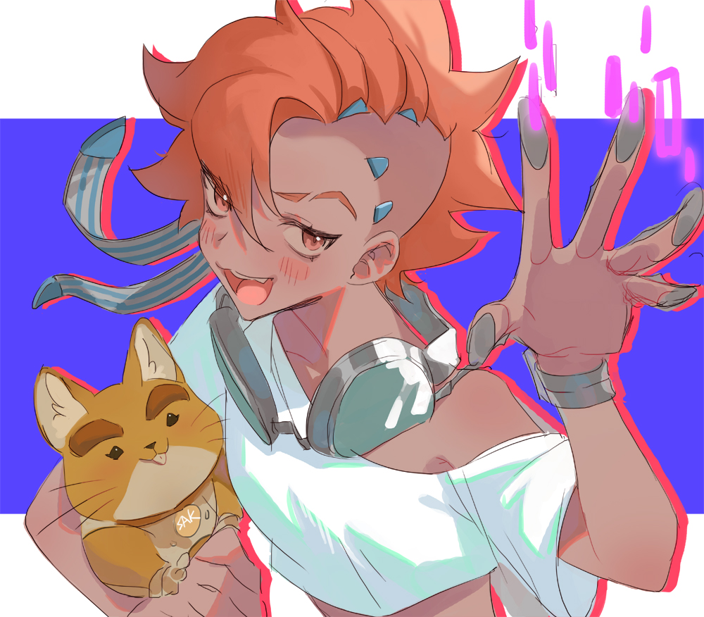 1girl, :d, blue_background, blush, brown_eyes, cosplay, cowboy_bebop, creature