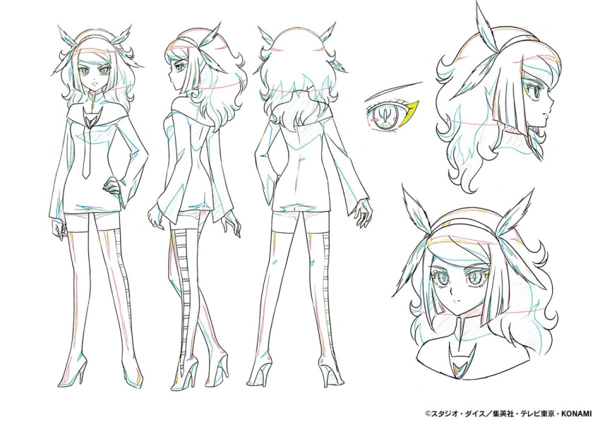 1girl, boots, dress, hairband, hand_on_own_hip, high_heel_boots, high_heels, kago_tamako, lineart, long_hair, long_sleeves, multiple_views, official_art, reference_sheet, simple_background, thigh_boots, white_background, yu-gi-oh!, yu-gi-oh!_go_rush!!