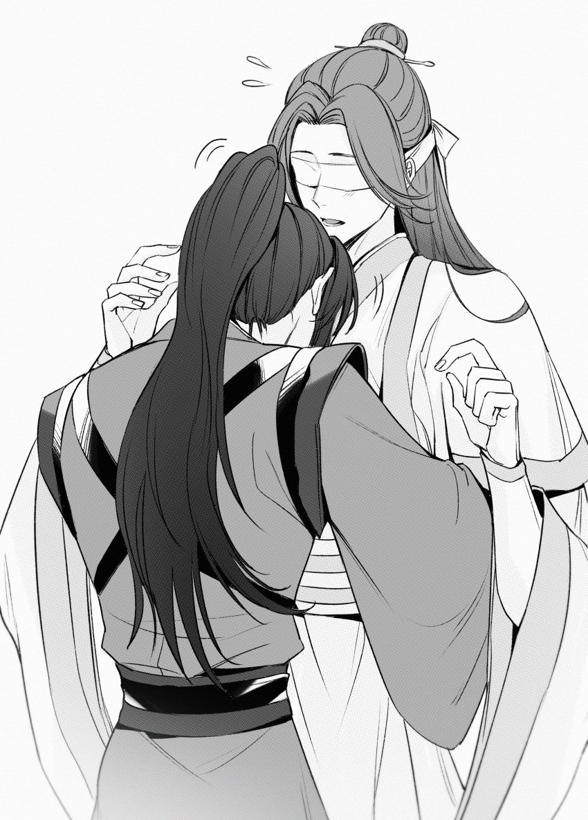 2boys, absurdres, blindfold, blush, chinese_clothes, chinese_hairpin, flying_sweatdrops, greyscale