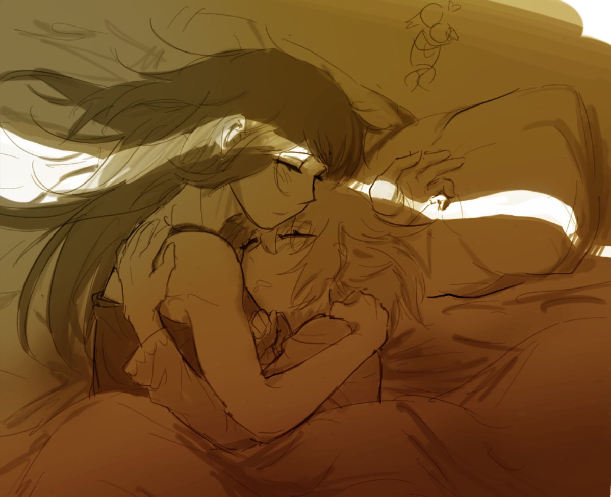 2girls, akemi_homura, blanket, camisole, closed_eyes, commentary, couple, cult_of_yuri