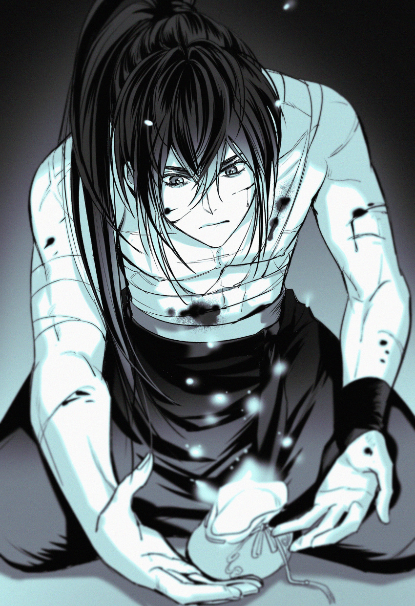 1boy, absurdres, bandaged_chest, bandaged_torso, bandages, bleeding, blood, blood_on_bandages