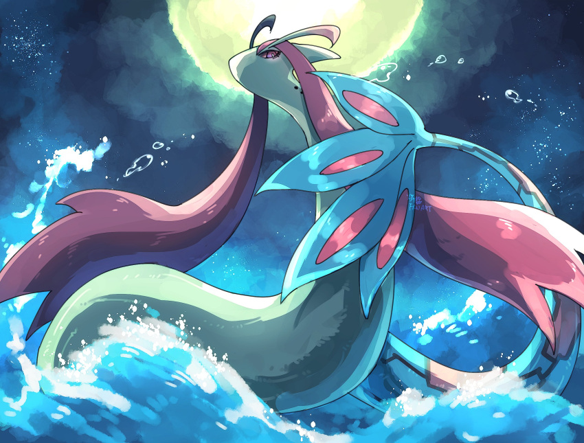 commentary_request, forked_tail, full_moon, highres, milotic, moon, night, night_sky