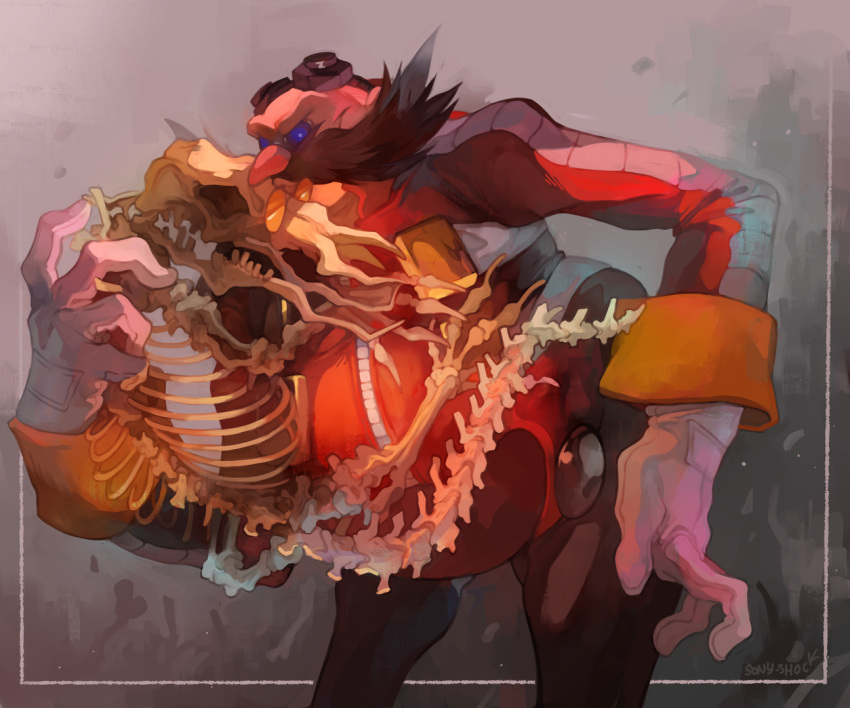 2boys, animal_skeleton, bald, dr._eggman, dr._starline, facial_hair, jacket, kiss, kissing_forehead, multiple_boys, mustache, platypus, platypus_skeleton, red_jacket, skeleton, sonic_(series), sony-shock