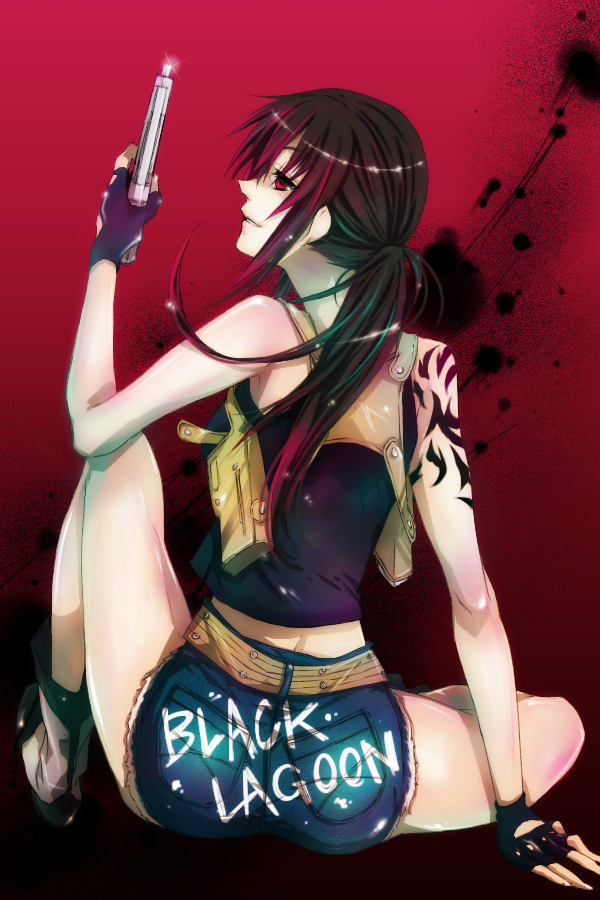 armpit_holster, ass, back, belt, beretta_92, black_lagoon, boots, cutoffs