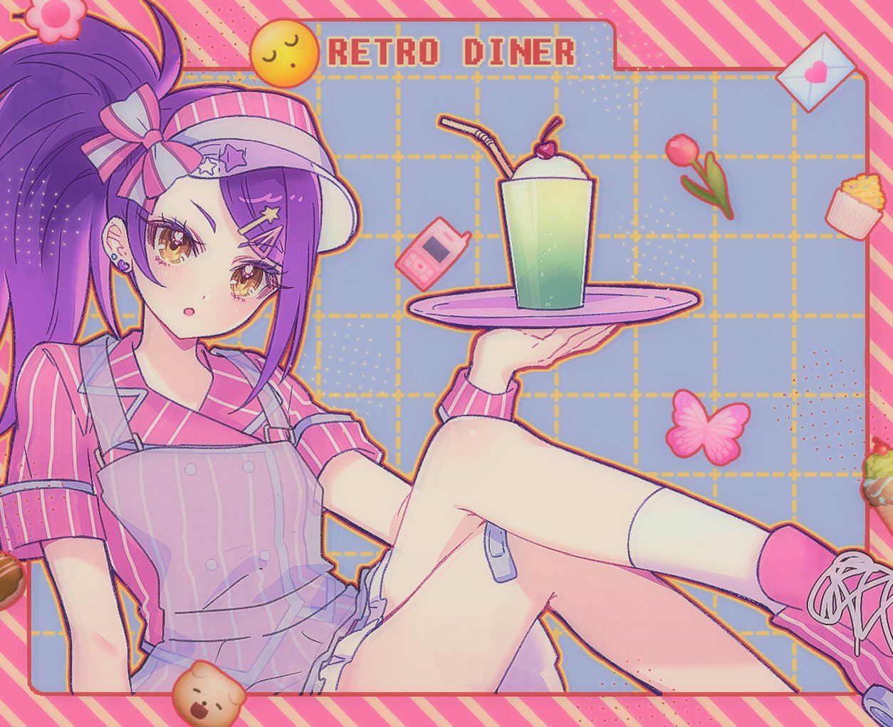 1girl, :o, apron, bandaid, bandaid_on_leg, border, bug, butterfly, cellphone, cherry, crossed_legs, cup, cupcake, diagonal-striped_shirt, doughnut, drinking_straw, earrings, emoji, envelope, flower, food, fruit, heart, heart_earrings, holding, holding_tray, ice_cream, ice_cream_float, jewelry, jjuu0105, long_hair, looking_at_viewer, melon_soda, open_mouth, phone, pink_border, pink_flower, pink_footwear, pink_shirt, pretty_series, pripara, purple_hair, see-through_apron, shirt, shoes, short_sleeves, side_ponytail, sitting, sneakers, socks, solo, toudou_shion, tray, tulip, visor_cap, waitress, white_socks, yellow_eyes