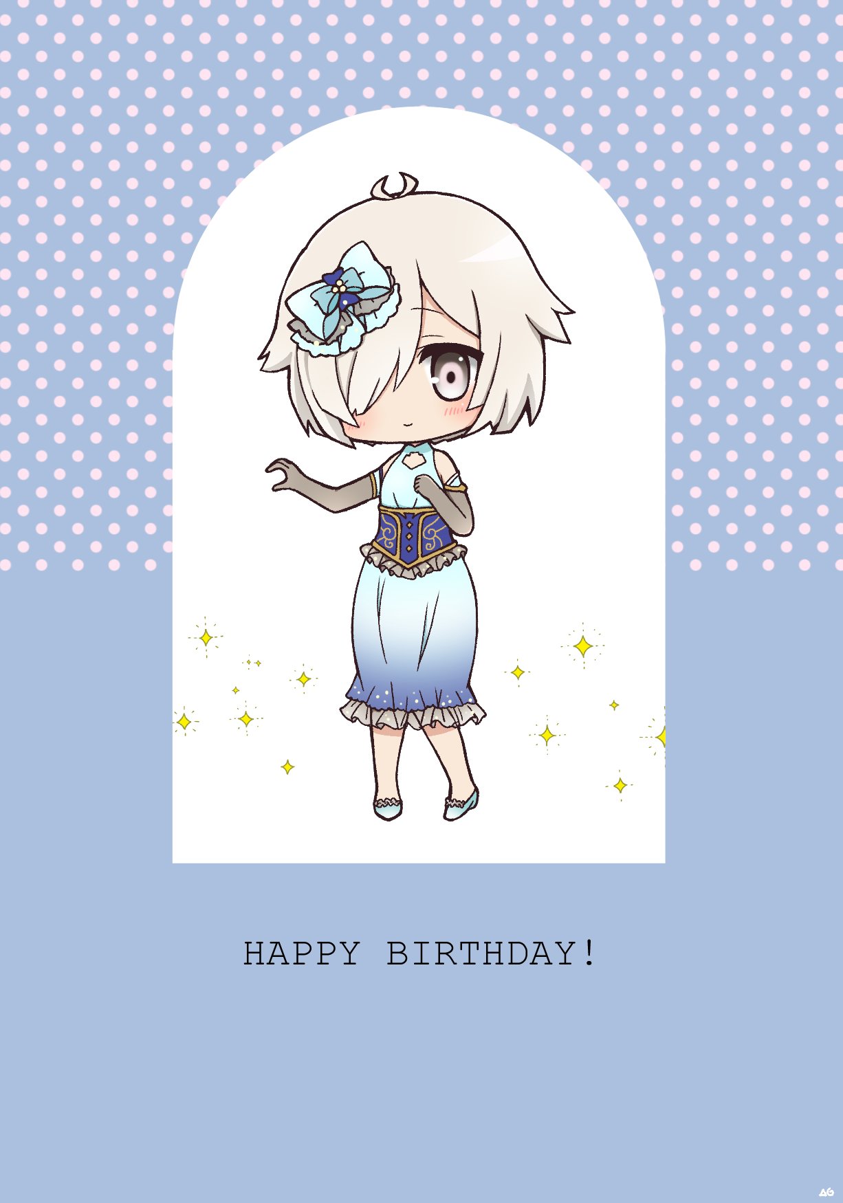 1girl, ag_(limecitrus), blue_bow, blue_dress, blue_footwear, blush, bow, chibi, closed_mouth, corset, dress, elbow_gloves, full_body, gloves, hair_between_eyes, hair_bow, hair_over_one_eye, hand_on_own_hip, happy_birthday, highres, kusunoki_mebuki_wa_yuusha_de_aru, looking_at_viewer, polka_dot, short_hair, sleeveless, solo, standing, white_eyes, white_hair, yamabushi_shizuku, yuusha_de_aru