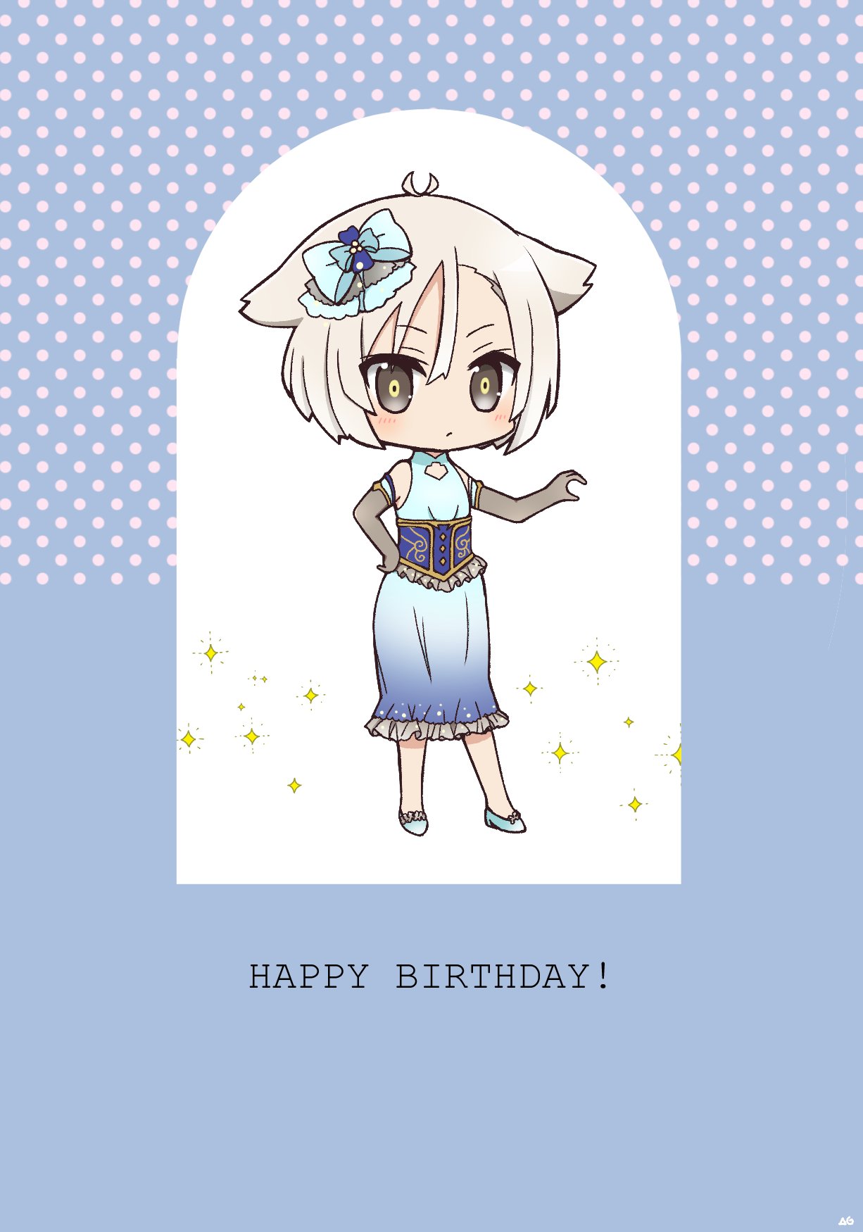 1girl, ag_(limecitrus), blue_bow, blue_dress, blue_footwear, blush, bow, chibi, closed_mouth, corset, dress, elbow_gloves, full_body, gloves, hair_between_eyes, hair_bow, hand_on_own_hip, happy_birthday, highres, kusunoki_mebuki_wa_yuusha_de_aru, looking_at_viewer, polka_dot, short_hair, sleeveless, solo, standing, white_hair, yamabushi_shizuku, yellow_eyes, yuusha_de_aru