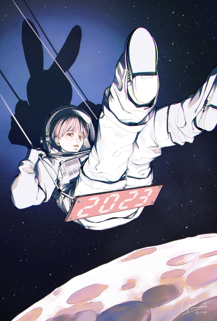 1girl, 2023, absurdres, artist_name, astronaut, different_shadow, helmet, highres