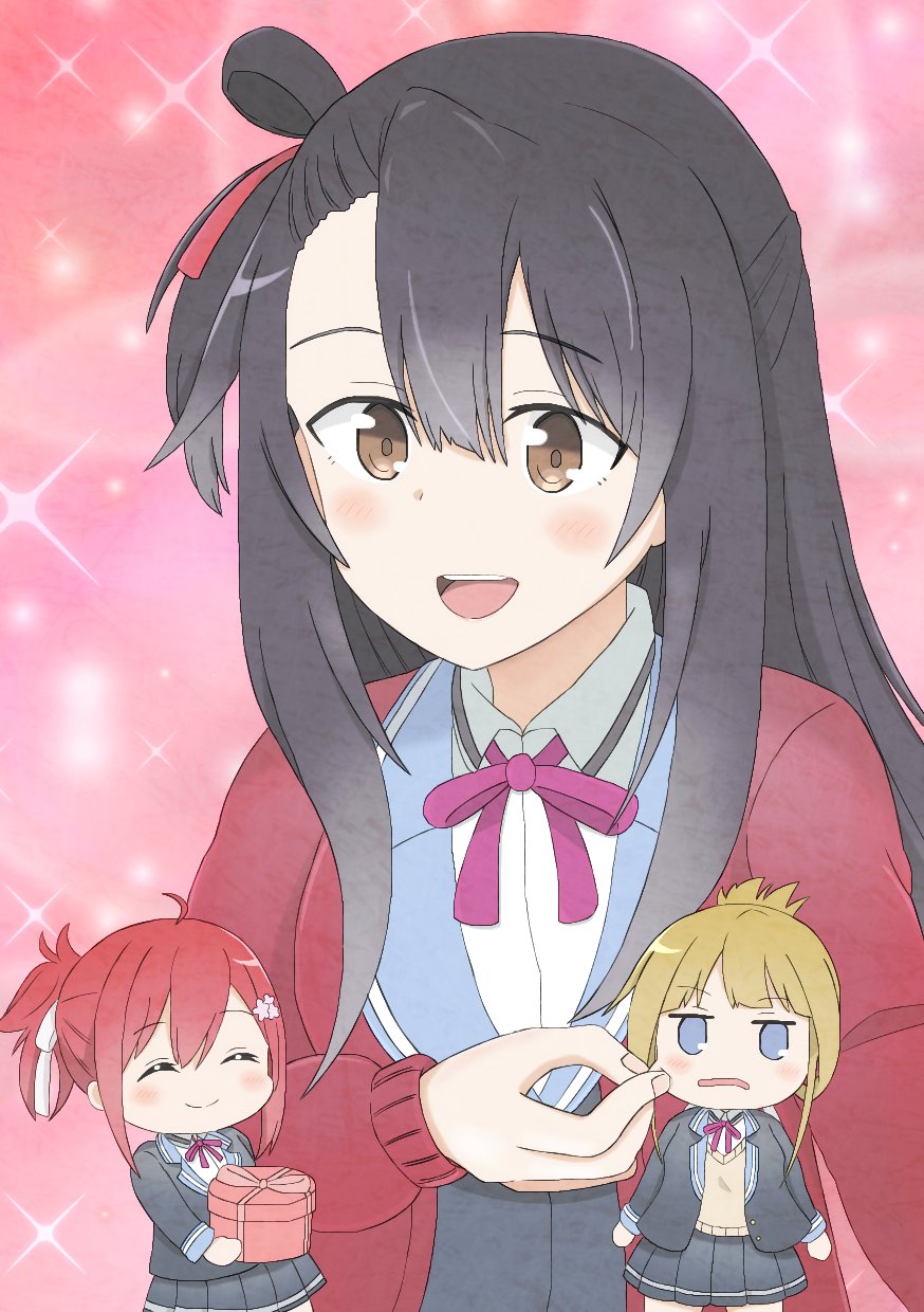 3girls, :d, ^_^, black_hair, black_jacket, black_skirt, blazer, blonde_hair