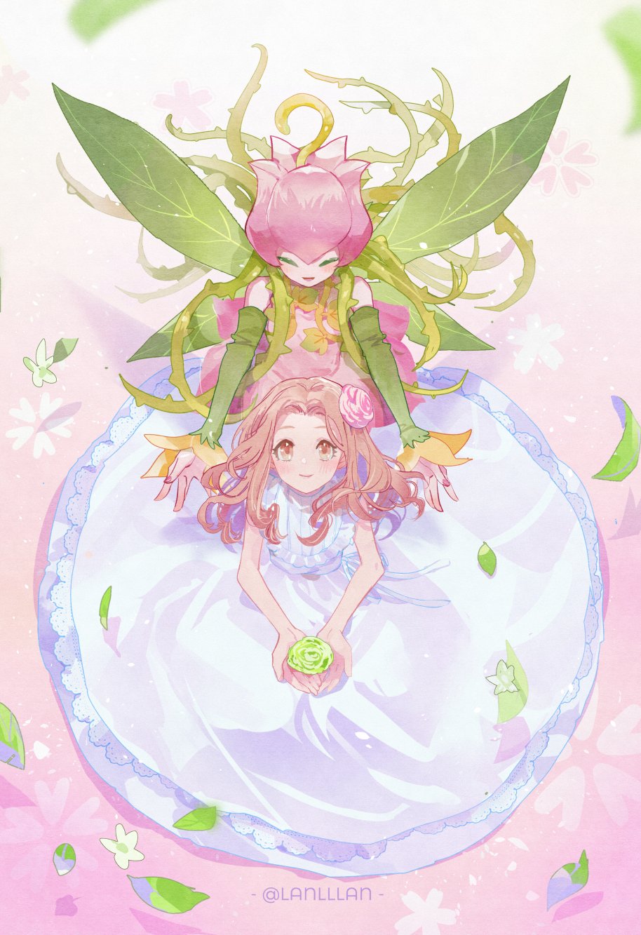 2girls, brown_eyes, brown_hair, closed_eyes, closed_mouth, detached_sleeves, digimon, digimon_(creature)