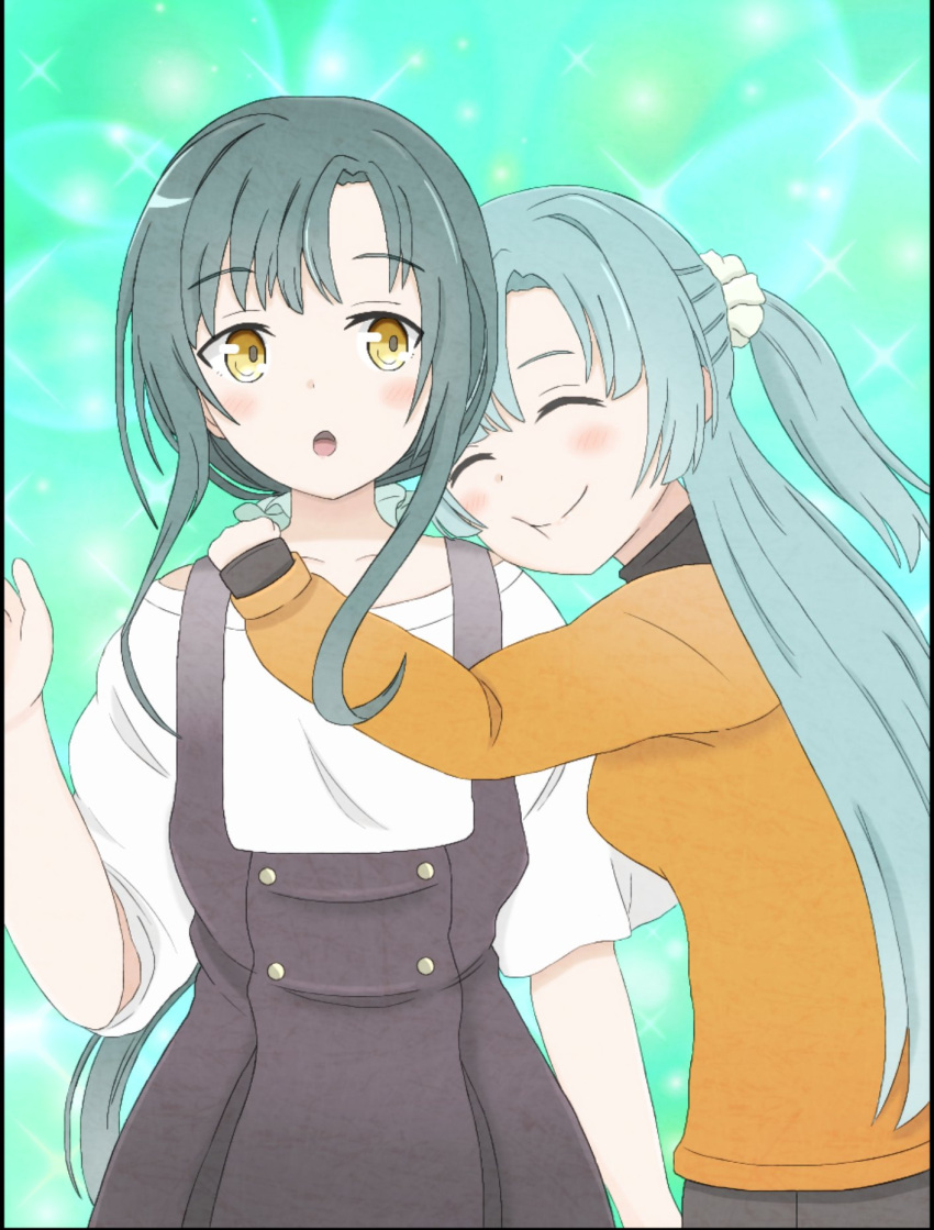 2girls, :o, aqua_background, aqua_hair, black_border, black_dress, blue_hair, blush