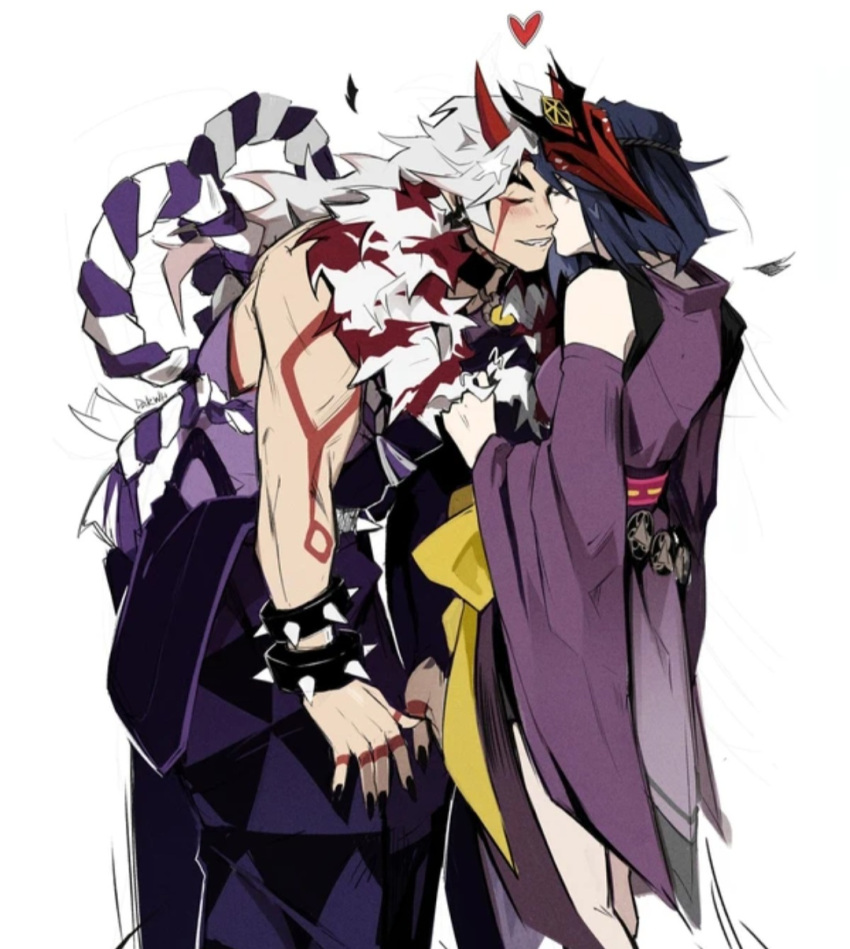 1boy, 1girl, arataki_itto, black_nails, collar, darwh, detached_sleeves, ear_piercing, genshin_impact, heart, hetero, highres, horns, japanese_clothes, kiss, kissing_cheek, kujou_sara, oni, oni_horns, spiked_hair, spiky_hair, tengu, tengu_mask, white_background, white_hair