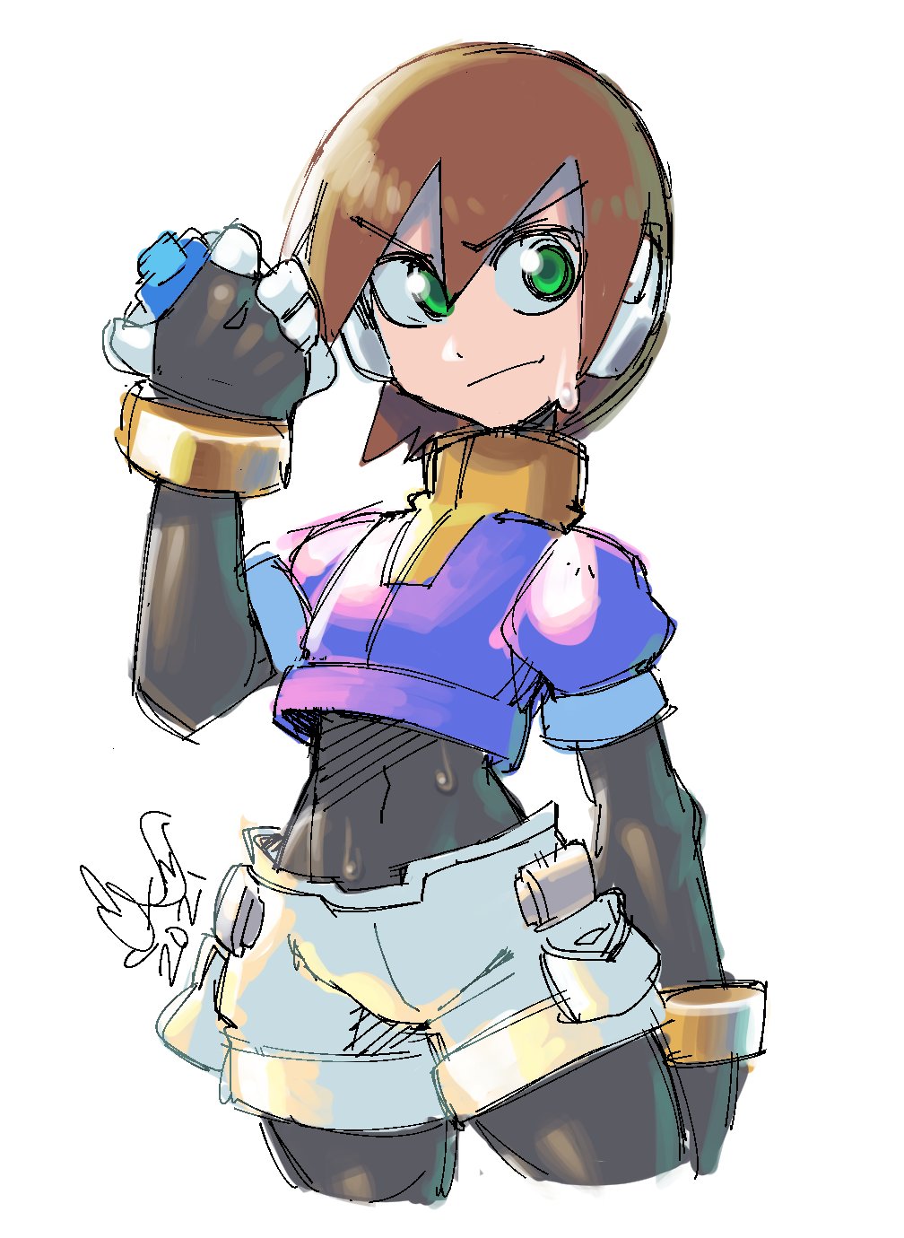aile_(mega_man_zx), biometal, black_bodysuit, blue_jacket, bodysuit, bodysuit_under_clothes, brown_hair, caliginousarts