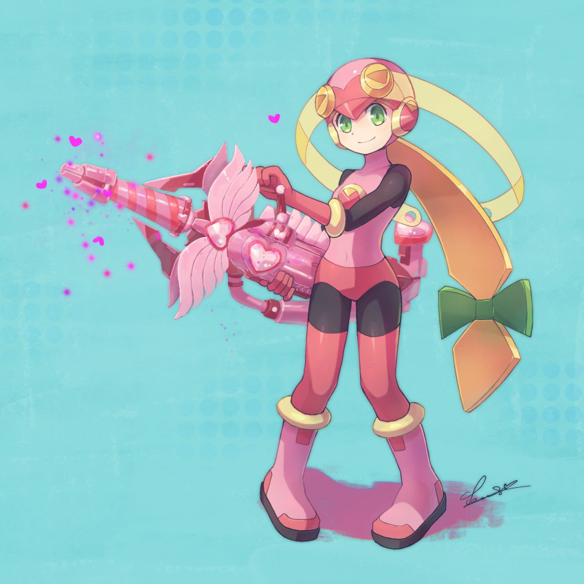 1girl, alternate_weapon, black_bodysuit, blonde_hair, bodysuit, boots, covered_collarbone, heart