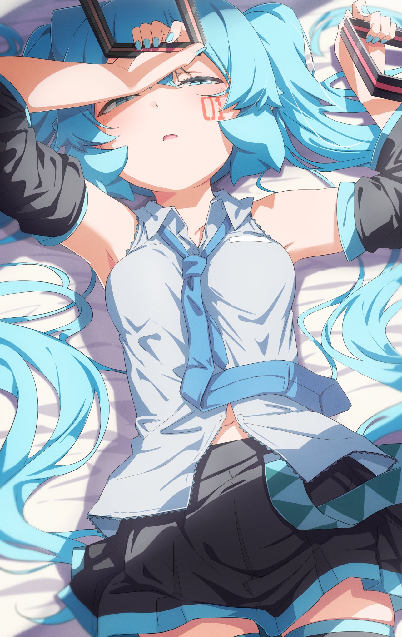 1girl, abmayo, aqua_eyes, aqua_hair, bare_shoulders, bed_sheet, blush, breasts