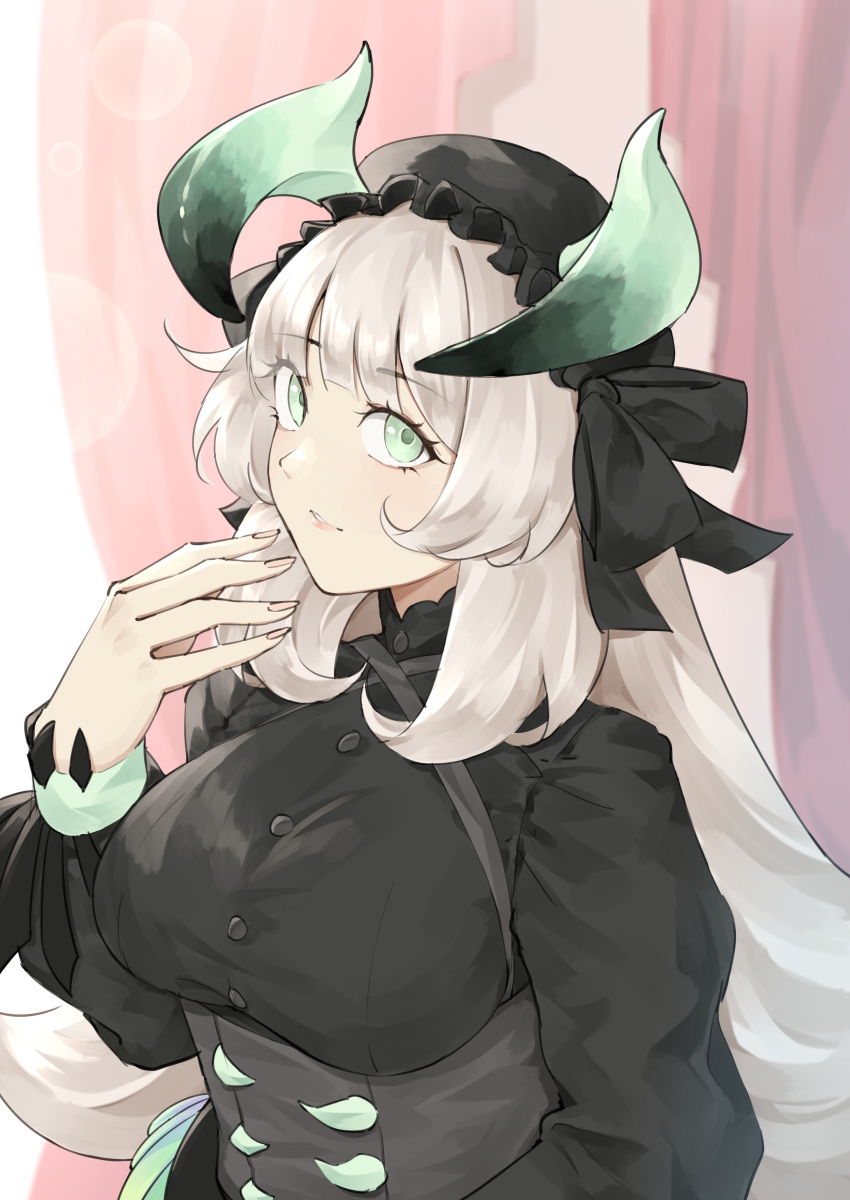 1girl, absurdres, black_dress, black_headwear, blurry, blurry_background, breasts, chamber_dragonmaid