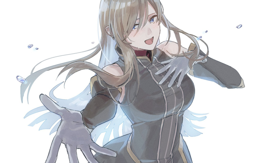 1girl, bare_shoulders, blue_eyes, breasts, brown_dress, brown_hair, brown_sleeves, detached_sleeves
