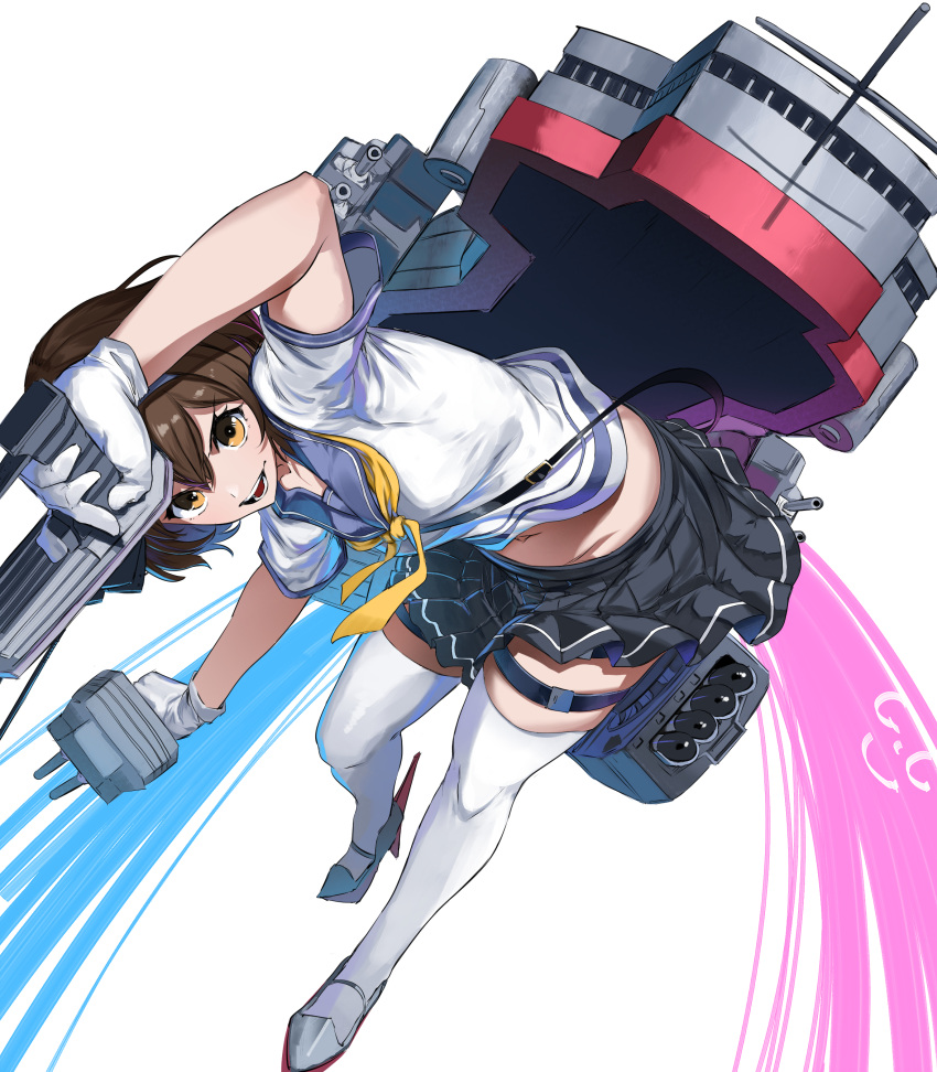 1girl, absurdres, adapted_turret, blush, breasts, brown_eyes, brown_hair, cannon