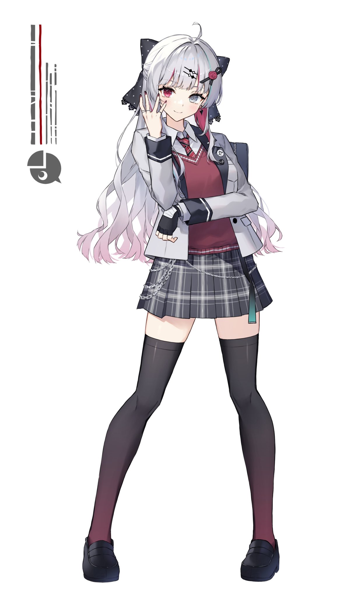 1girl, ahoge, bag, black_bag, black_footwear, black_gloves, black_skirt, black_thighhighs