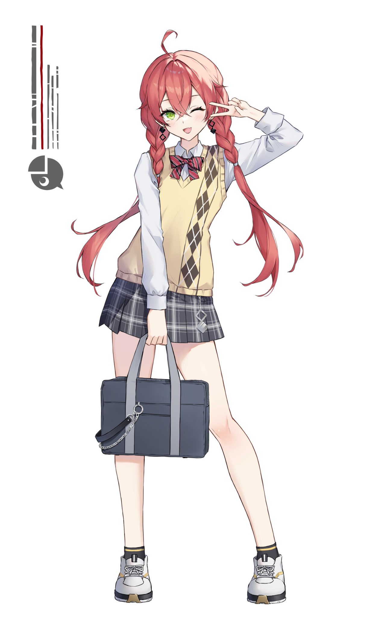 1girl, ahoge, bag, black_bag, black_skirt, black_socks, bow, bowtie