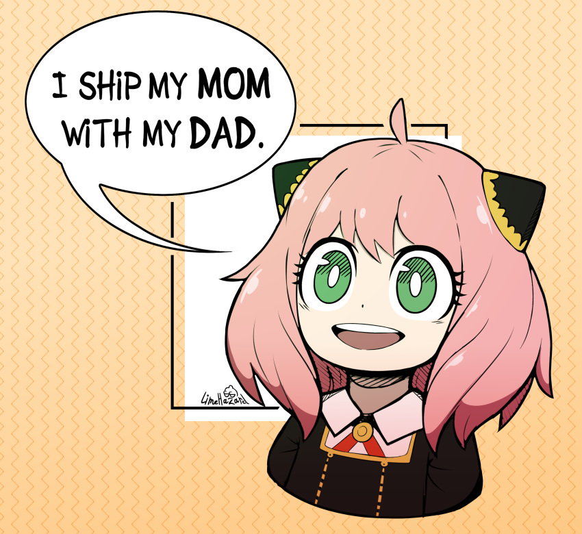 1girl, :d, absurdres, ahoge, anya_(spy_x_family), artist_name, bright_pupils, child