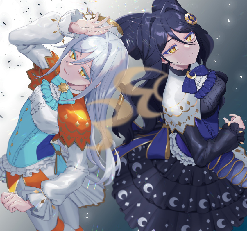 +_+, 2girls, absurdres, arm_up, ascot, black_dress, black_hair, blue_bow