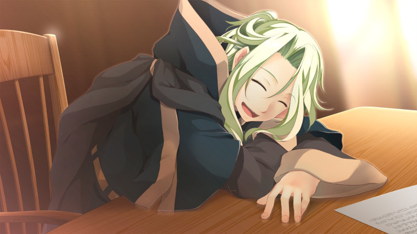 1boy, ^_^, atelier-moo, chair, closed_eyes, curtained_hair, green_hair, hood