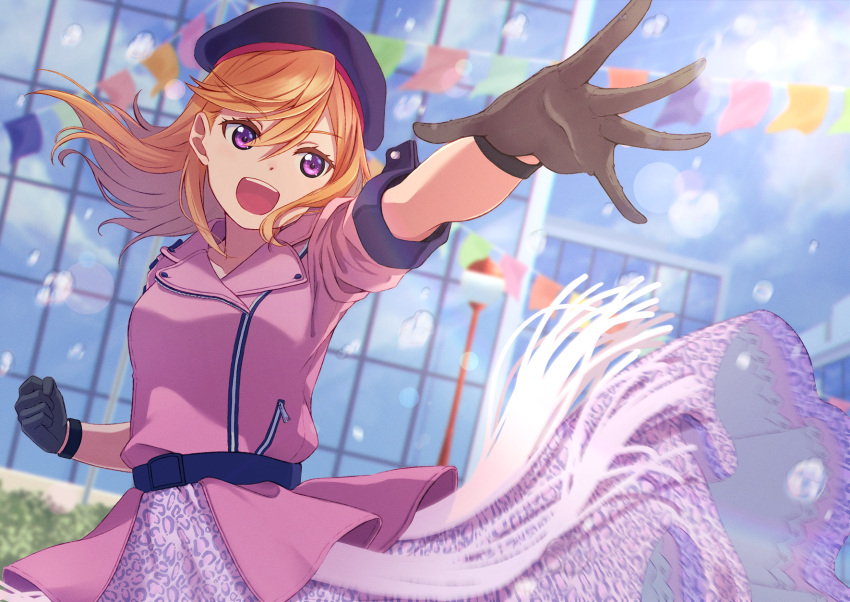 1girl, beret, black_gloves, clenched_hand, commentary_request, floating_hair, gloves, hair_between_eyes