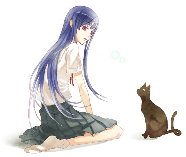 cat, kneeling, kuni_honori, kunimoto_ori, long_hair, original, pleated_skirt, purple_eyes